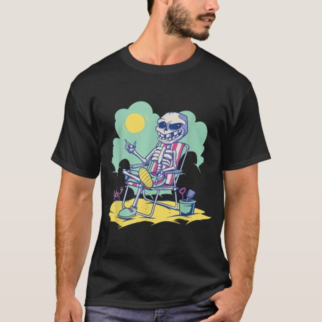 Camiseta Verão Halloween Esqueleto Praia Sol Summerween  (Frente)