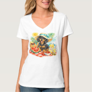 Camiseta Verão Piquenique Dachshund Cachorrinho Arte Design