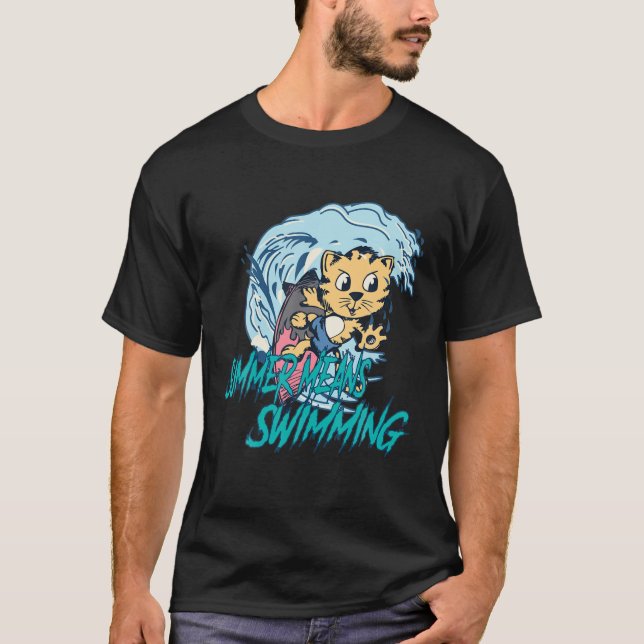 Camiseta Verão Significa Nadar - Gato Com Surfboard E Wav (Frente)