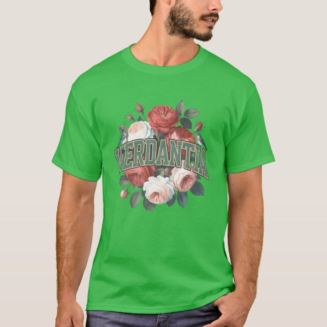 Camiseta Verda Floral Emblem com a família Birds Design (Frente)