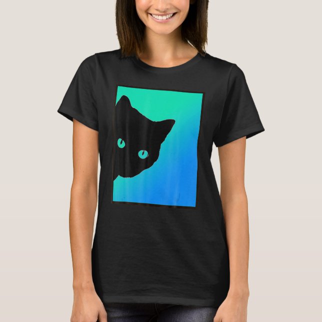 Camiseta Verde Azul Gato Preto Projetado Por Gatos Feitos D (Frente)