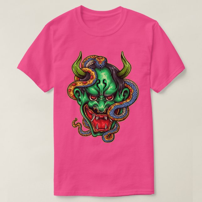 Camiseta Verde Japonês Oni Hannya Mask Demon Devil Cobra (Frente do Design)