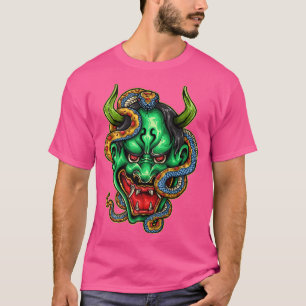 Camiseta Verde Japonês Oni Hannya Mask Demon Devil Cobra