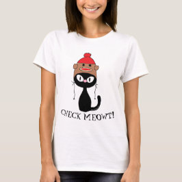 Camiseta VERIFIQUE MEOWT! Gato Preto Com Chapéu de Macaco d