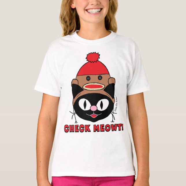 Camiseta VERIFIQUE O MEOWT! Gato Preto com Chapéu Macaco (Frente)