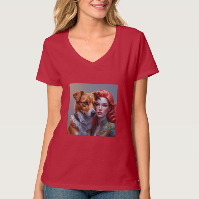 Camiseta Vermelha Decote V Impressão de Imagem Per (Frente)