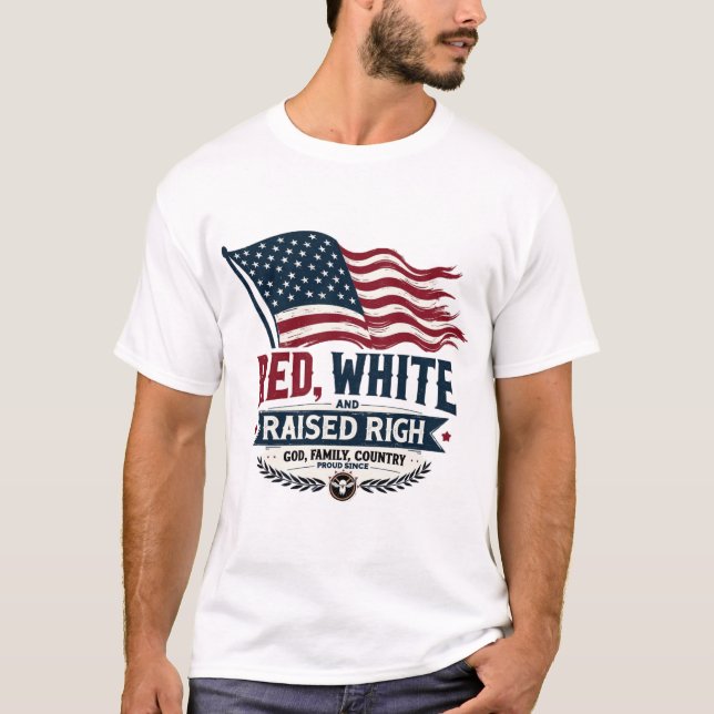 Camiseta Vermelho, branco e direito elevado: Deus, família, (Frente)
