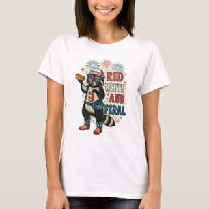 Camiseta Vermelho Branco e Feral - Engraçado Raccoon Patrió