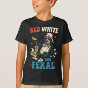 Camiseta Vermelho Branco E Feral Guaxinim Engraçado 4 De Ju