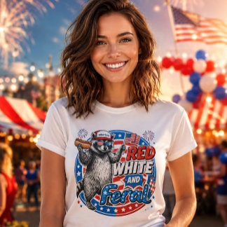 Camiseta Vermelho Branco e Mapache Feral 4 de Julho Patriót