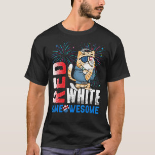 Camiseta Vermelho Branco E Meowsome Fogos De Artifício Gato
