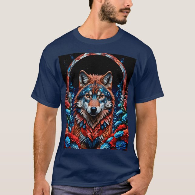 Camiseta Vermelho, Branco, Lobo Azul (Frente)