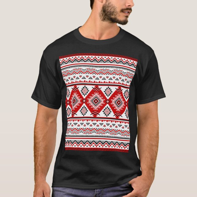 Camiseta Vermelho branco preto étnico, motivos ucranianos. (Frente)
