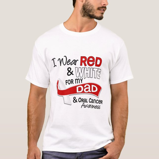 Camiseta Vermelho e branco para o cancer oral do pai (Frente)