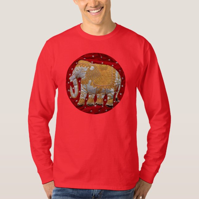 Camiseta Vermelho Embellished e ouro do elefante indiano (Frente)