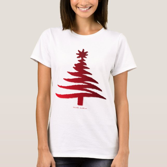 Camiseta Vermelho Impressão de Estêncil de Árvore de Natal  (Frente)