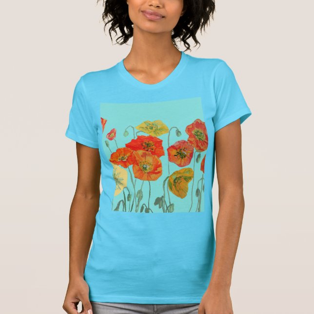 Camiseta Vermelho Laranja Papoila floral Aqua Aqua Art Flor (Frente)