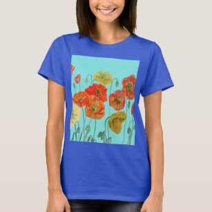 Camiseta Vermelho Laranja Papoila floral Aqua Aqua Art Flor