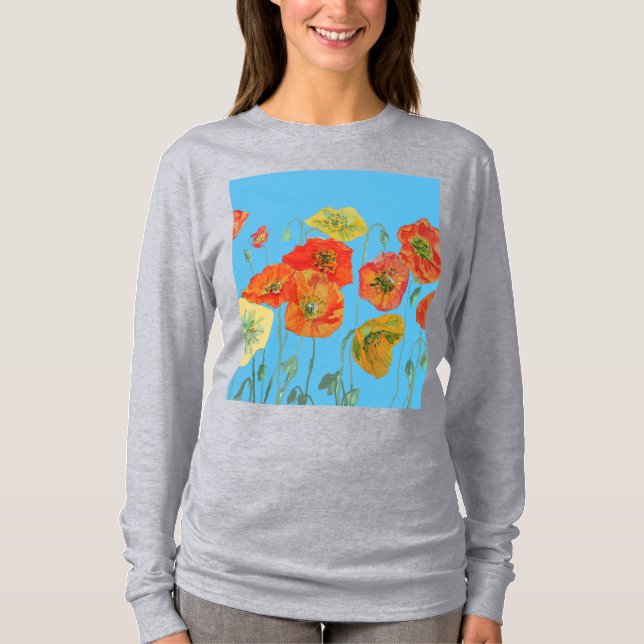 Camiseta Vermelho Laranja Papoila floral Aquarela Flor (Frente)