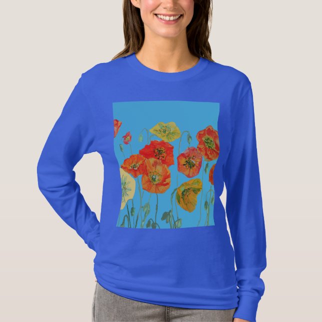 Camiseta Vermelho Laranja Papoila floral Aquarela Flor (Frente)