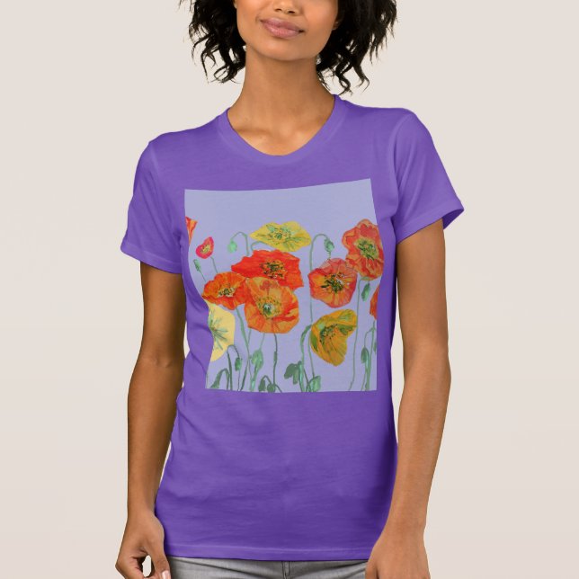Camiseta Vermelho Laranja Picada Flor Aquarela Púrpura Flor (Frente)