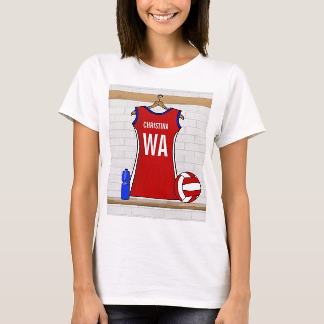 Camiseta Vermelho Uniforme Netball Personalizado com Azul e (Frente)