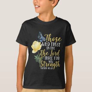 Camiseta Versículo da Bíblia Cristã Borboleta Rosa Flor Isa