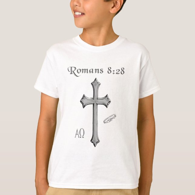 Camiseta versículo da Bíblia cristã Romanos 8:28 (Frente)