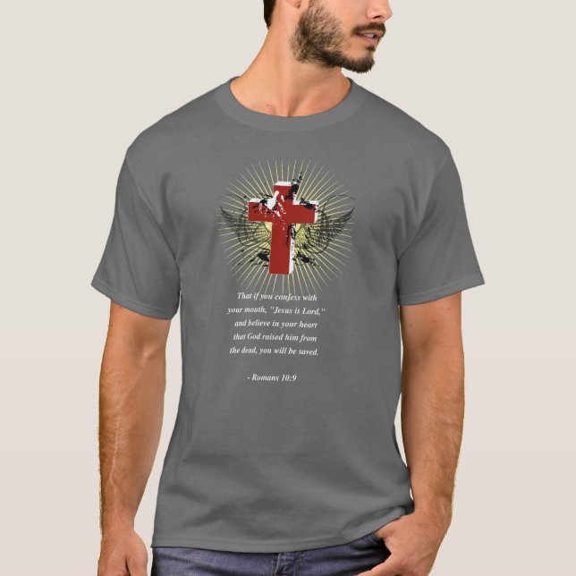 Camiseta Verso da bíblia do 10:9 dos ROMANOS (Frente)