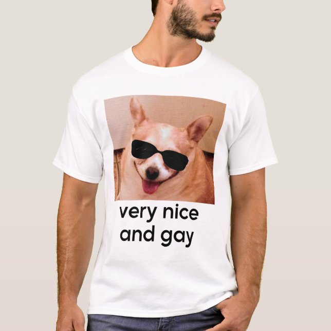 Camiseta Very Nice And Gay Funny Dog Glasses Meme (Frente)