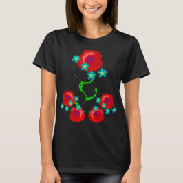 Camiseta Vestido Preto com Flores Rosa e Azul Bebê Floral E