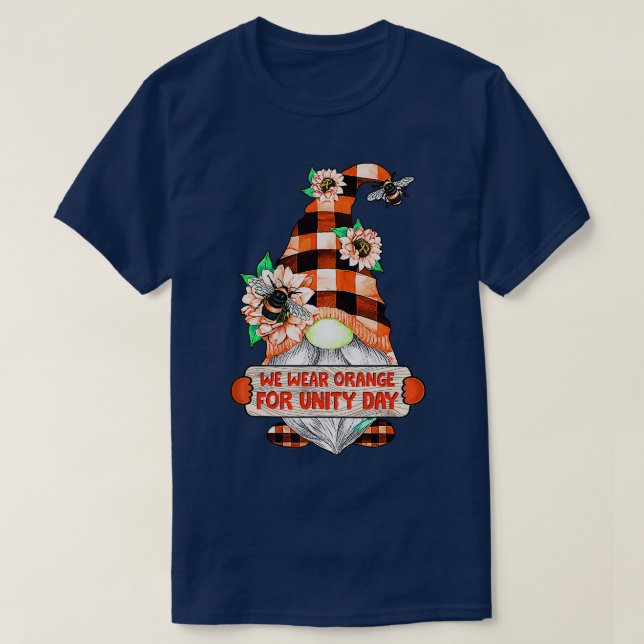 Camiseta Vestimos O Gnomo Laranja Para O Dia Da Unidade...  (Frente do Design)