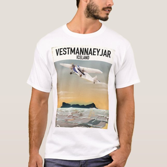 Camiseta Vestmannaeyjar poster de viagens da Islândia. (Frente)