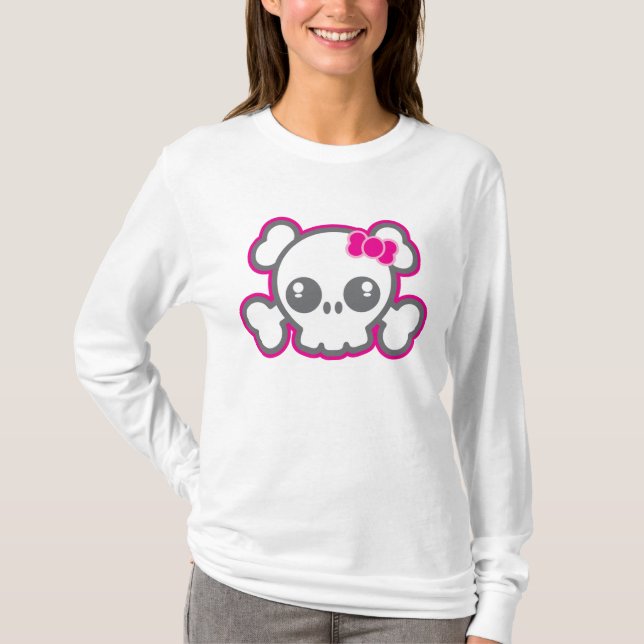 Camiseta Vestuário do crânio de fita rosa Kawaii (Frente)