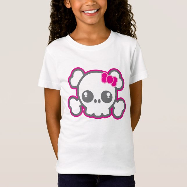 Camiseta Vestuário do crânio de fita rosa Kawaii (Frente)