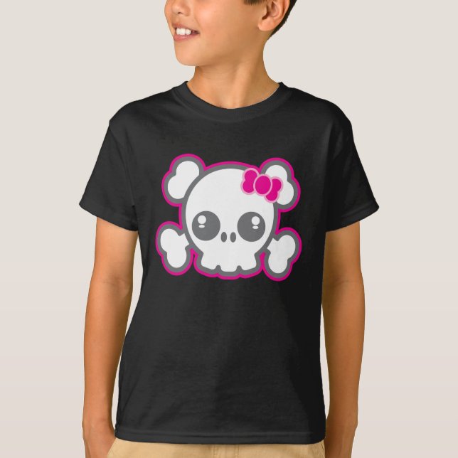 Camiseta Vestuário do crânio de fita rosa Kawaii (Frente)