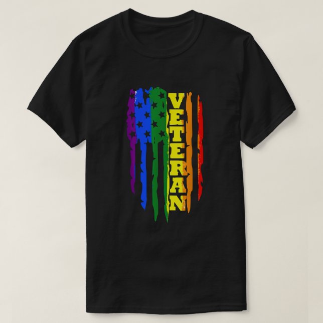 Camiseta Veterano LGBT Orgulho gay Rainbow American Flag Mi (Frente do Design)