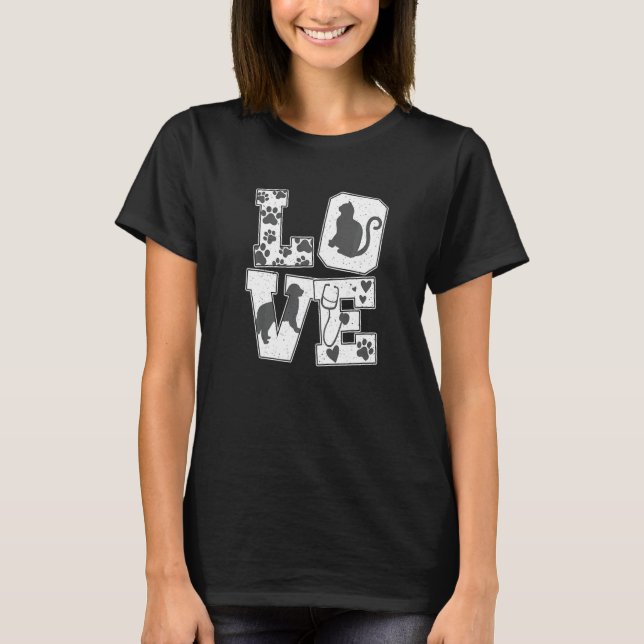 Camiseta Veterinária Veterinária de Animais de Amor e Tecno (Frente)