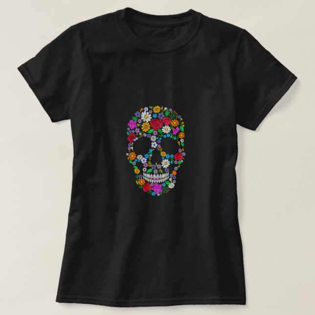 Camiseta Vetor crânio de flores bordado. muertos d (Frente do Design)