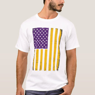 Camiseta Vetor de bandeira americana roxa e dourada desgast