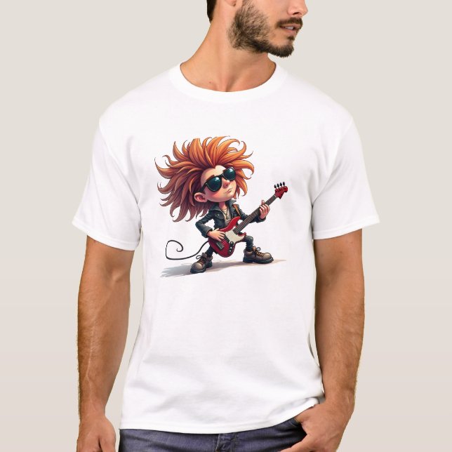 Camiseta Vetor de Cartoon da Guitarista em Linha e Preenchi (Frente)