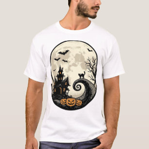 Camiseta Vetor de Casa Assombrada Gato de Halloween Vintage