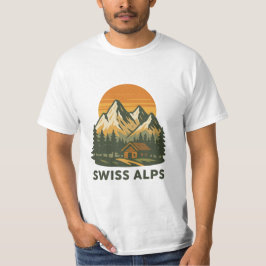 Camiseta Vetor Retro Branco Branco Suiço Alps Sunset