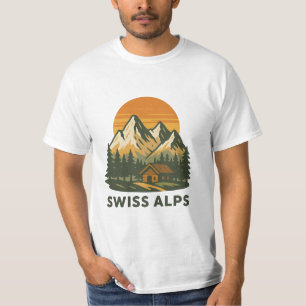 Camiseta Vetor Retro Branco Branco Suiço Alps Sunset