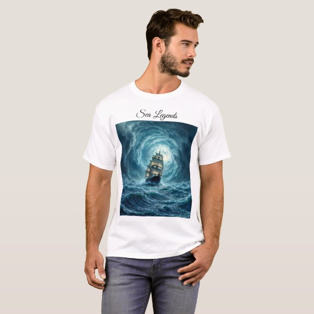 Camiseta Viagem de navio galeão de tempestade oceânica (Frente Completa)