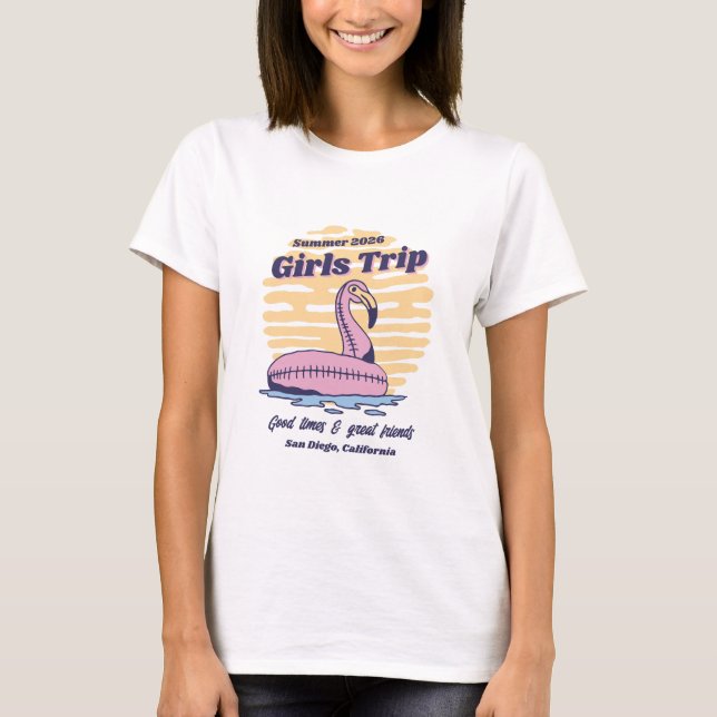 Camiseta Viagem de Praia das Garotas Compatíveis Flamingo R (Frente)