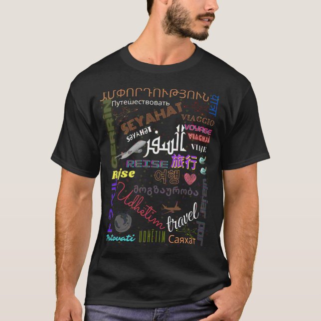 Camiseta Viagem em línguas diferentes ​ ​ do mundo. (Frente)