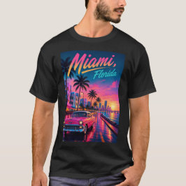 Camiseta Viagem Miami Flórida Retro Neon Pôr do Sol