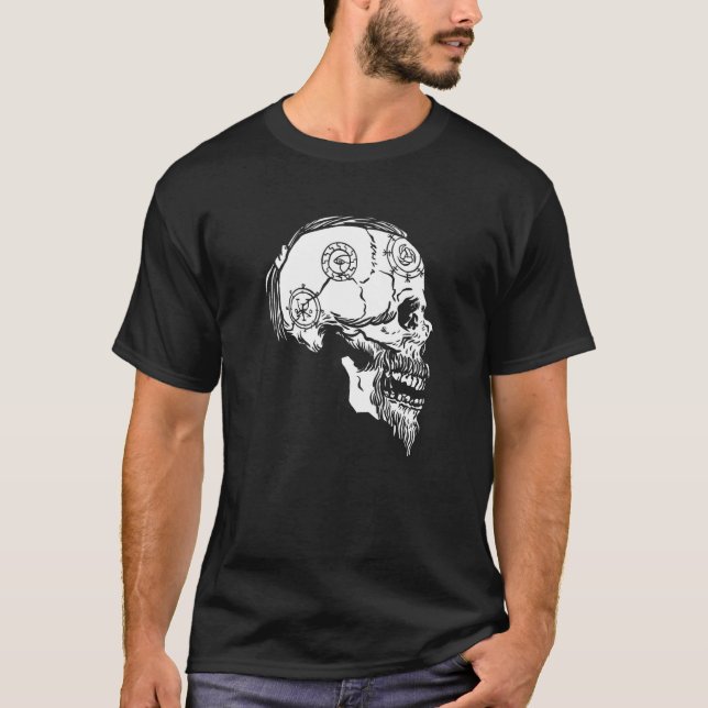 Camiseta Viagem Valhalla Crânio Mito Norse Cabelo Travado (Frente)