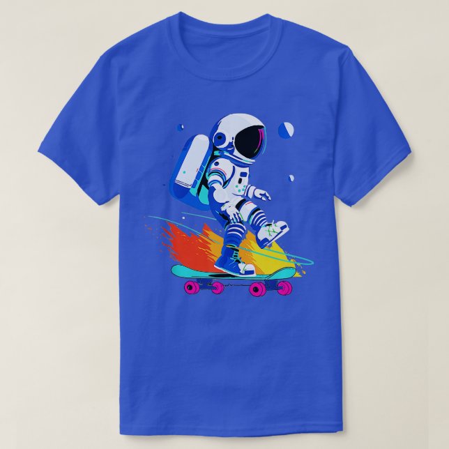 Camiseta Viajante de Espaço em Planeta Distante com skate (Frente do Design)